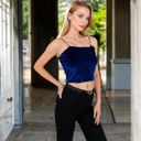 Blue Large Women's Velvet Spaghetti Strap Cropped Cami Top