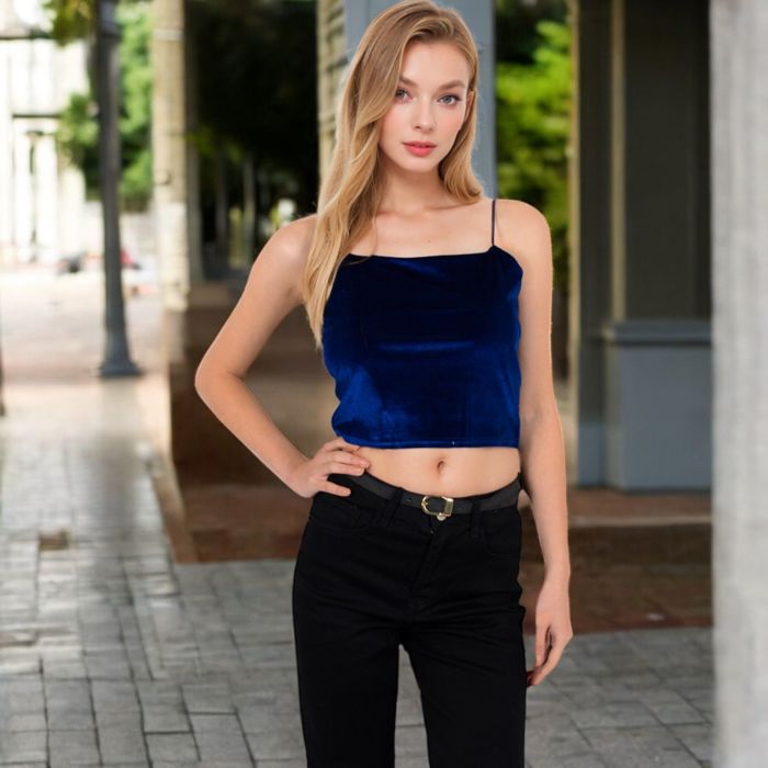 Women's Velvet Spaghetti Strap Cropped Cami Top