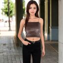 Brown Medium Women's Velvet Spaghetti Strap Cropped Cami Top