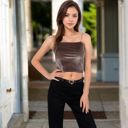 Brown Medium Women's Velvet Spaghetti Strap Cropped Cami Top