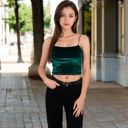 Green Large Women's Velvet Spaghetti Strap Cropped Cami Top