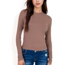 Brown Large Women's Ribbed Long Sleeve Fitted Crew Neck Top