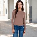 Brown Large Women's Ribbed Long Sleeve Fitted Crew Neck Top