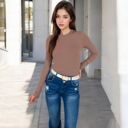 Brown Large Women's Ribbed Long Sleeve Fitted Crew Neck Top