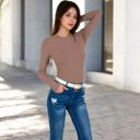 Brown Large Women's Ribbed Long Sleeve Fitted Crew Neck Top