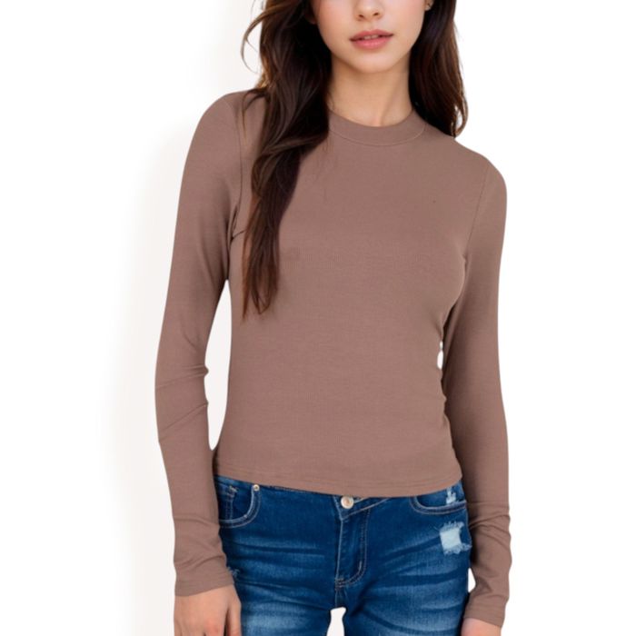 Women's Ribbed Long Sleeve Fitted Crew Neck Top