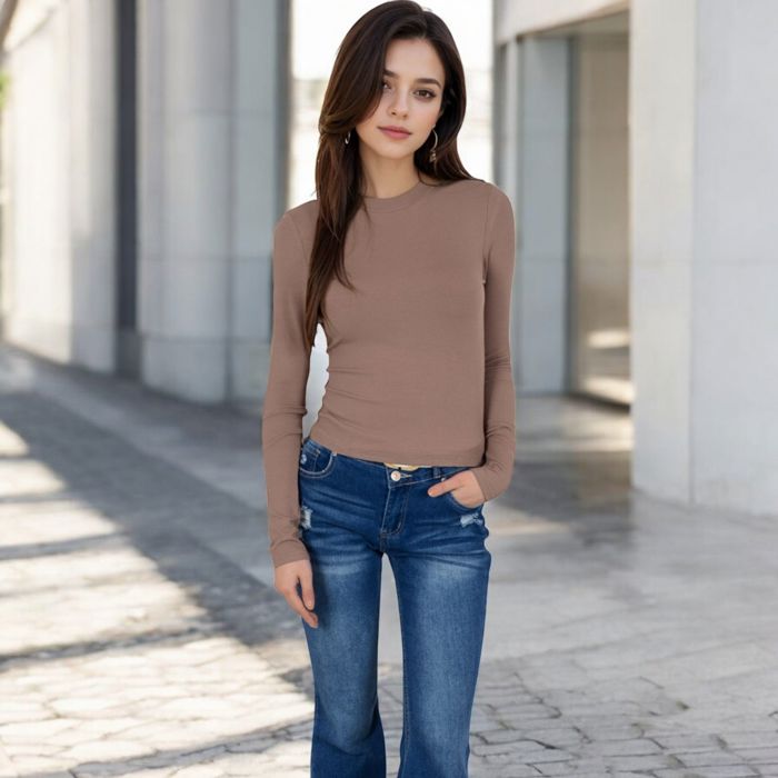 Women's Ribbed Long Sleeve Fitted Crew Neck Top