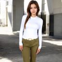 White Medium Women's Ribbed Long Sleeve Fitted Crew Neck Top