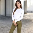 White Small Women's Ribbed Long Sleeve Fitted Crew Neck Top