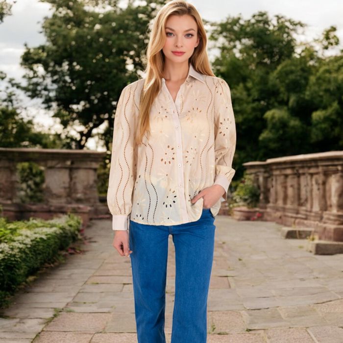 Women's Embroidered Eyelet Long Sleeve Button-Up Blouse