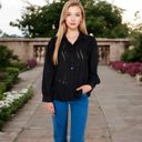 Black Large Women's Embroidered Eyelet Long Sleeve Button-Up Blouse