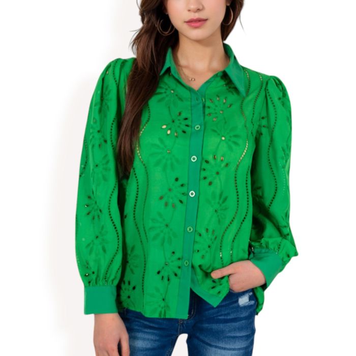 Women's Embroidered Eyelet Long Sleeve Button-Up Blouse