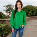 Green Large Women's Embroidered Eyelet Long Sleeve Button-Up Blouse