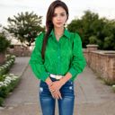 Green Large Women's Embroidered Eyelet Long Sleeve Button-Up Blouse