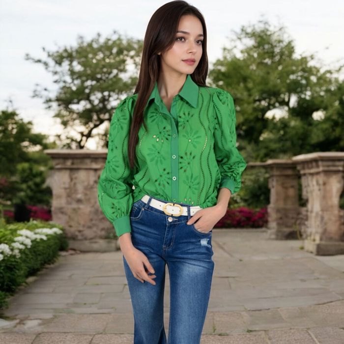 Women's Embroidered Eyelet Long Sleeve Button-Up Blouse