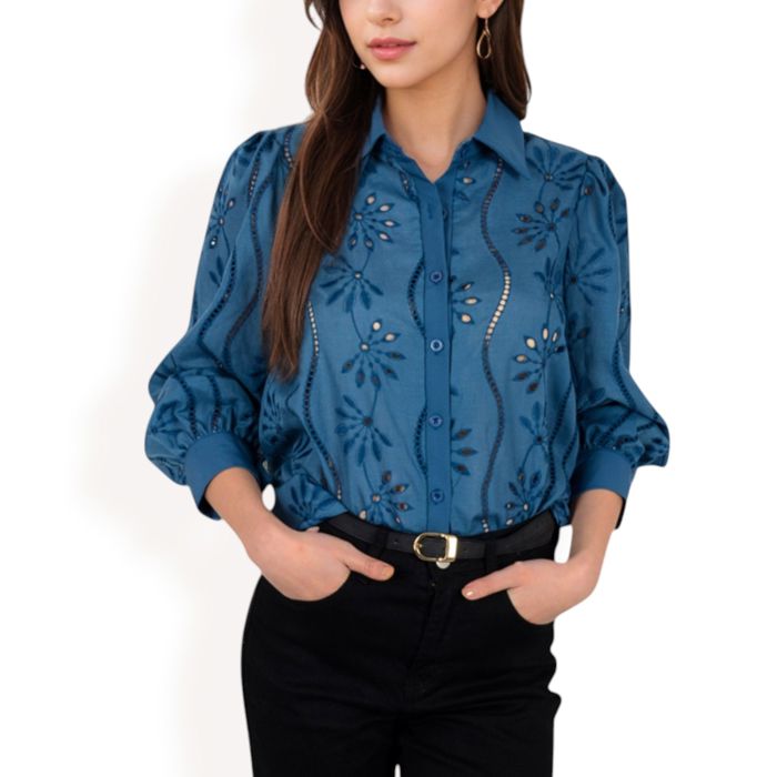 Women's Embroidered Eyelet Long Sleeve Button-Up Blouse