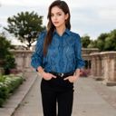 Blue Large Women's Embroidered Eyelet Long Sleeve Button-Up Blouse