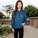 Blue Large Women's Embroidered Eyelet Long Sleeve Button-Up Blouse