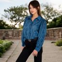 Blue Large Women's Embroidered Eyelet Long Sleeve Button-Up Blouse