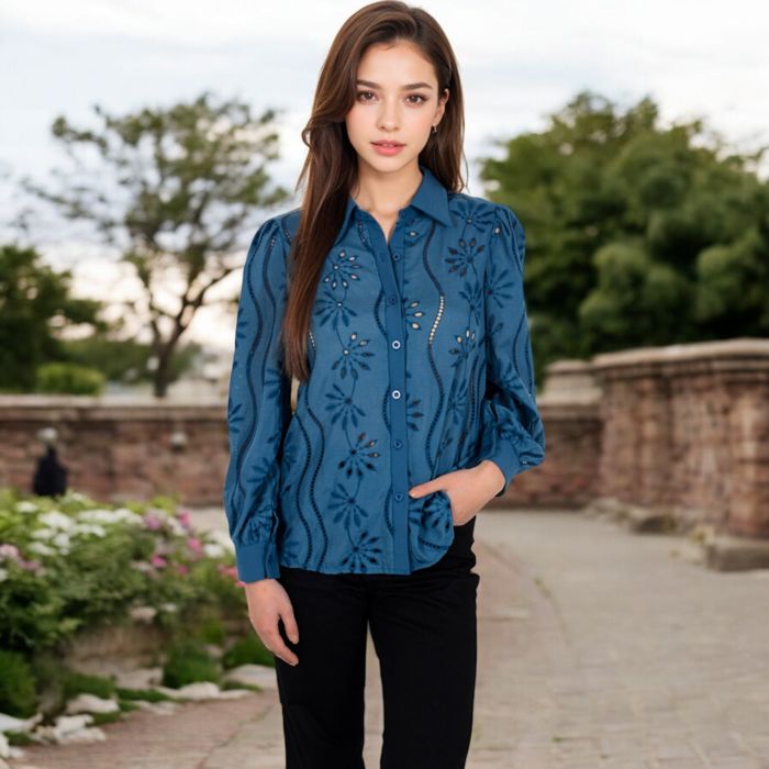 Women's Embroidered Eyelet Long Sleeve Button-Up Blouse