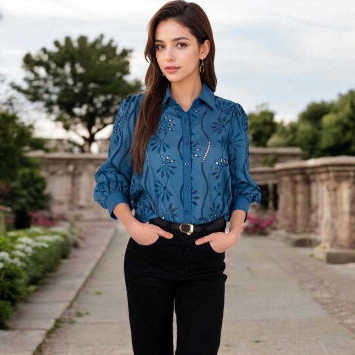 Women's Embroidered Eyelet Long Sleeve Button-Up Blouse