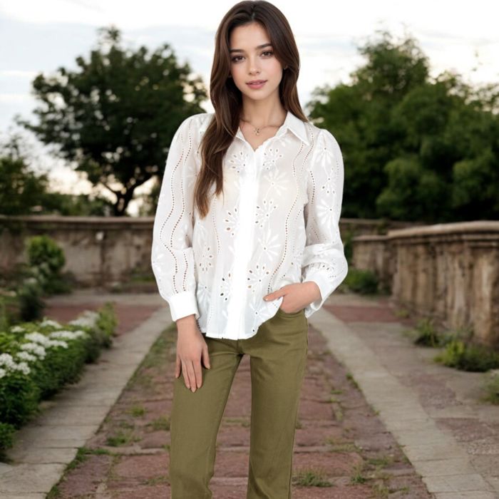 Women's Embroidered Eyelet Long Sleeve Button-Up Blouse