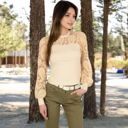 Beige Large Women's Long Sleeve Lace Detail Top with Stretch Knit Bodice