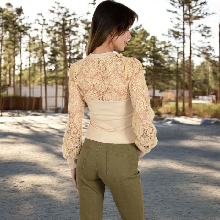 Women's Long Sleeve Lace Detail Top with Stretch Knit Bodice