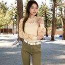 Beige Large Women's Long Sleeve Lace Detail Top with Stretch Knit Bodice