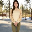 Beige Large Women's Long Sleeve Lace Detail Top with Stretch Knit Bodice