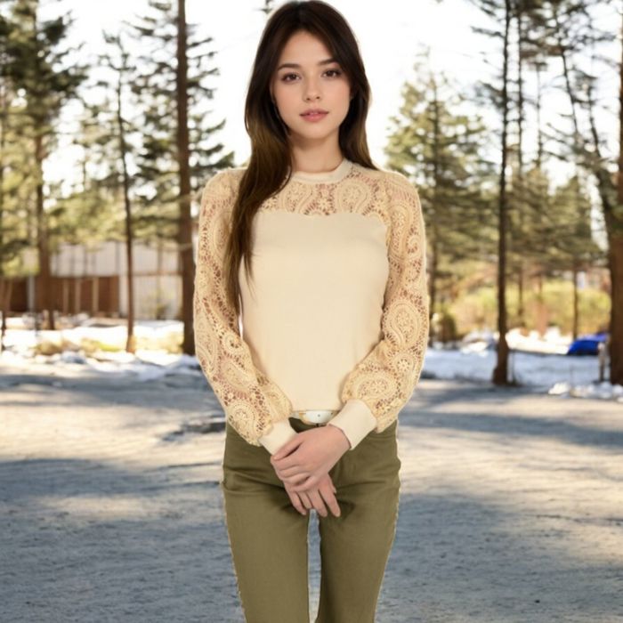 Women's Long Sleeve Lace Detail Top with Stretch Knit Bodice