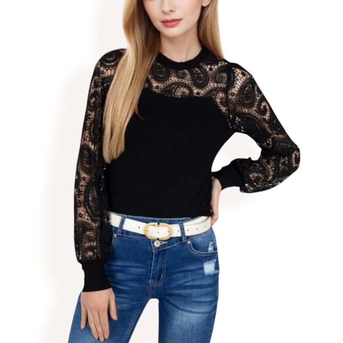 Women's Long Sleeve Lace Detail Top with Stretch Knit Bodice