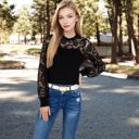 Black Large Women's Long Sleeve Lace Detail Top with Stretch Knit Bodice