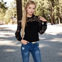 Black Large Women's Long Sleeve Lace Detail Top with Stretch Knit Bodice