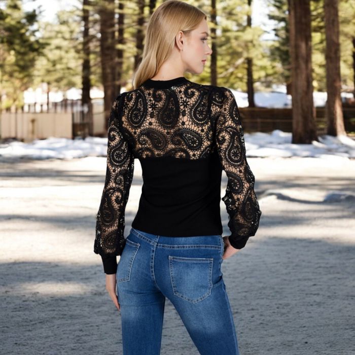 Women's Long Sleeve Lace Detail Top with Stretch Knit Bodice