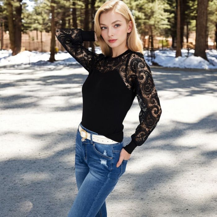 Women's Long Sleeve Lace Detail Top with Stretch Knit Bodice