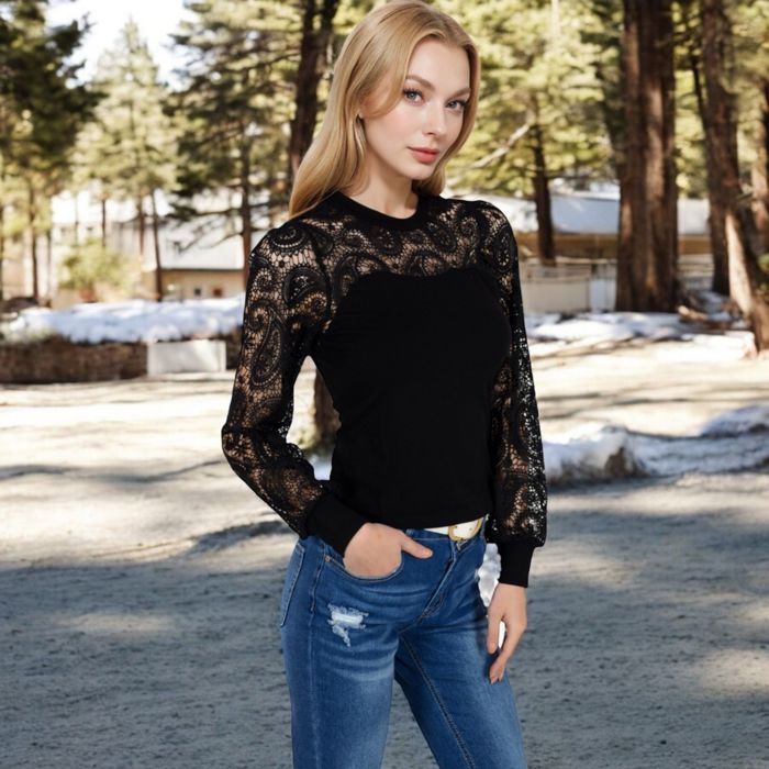 Women's Long Sleeve Lace Detail Top with Stretch Knit Bodice