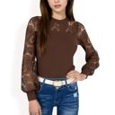 Brown Large Women's Long Sleeve Lace Detail Top with Stretch Knit Bodice