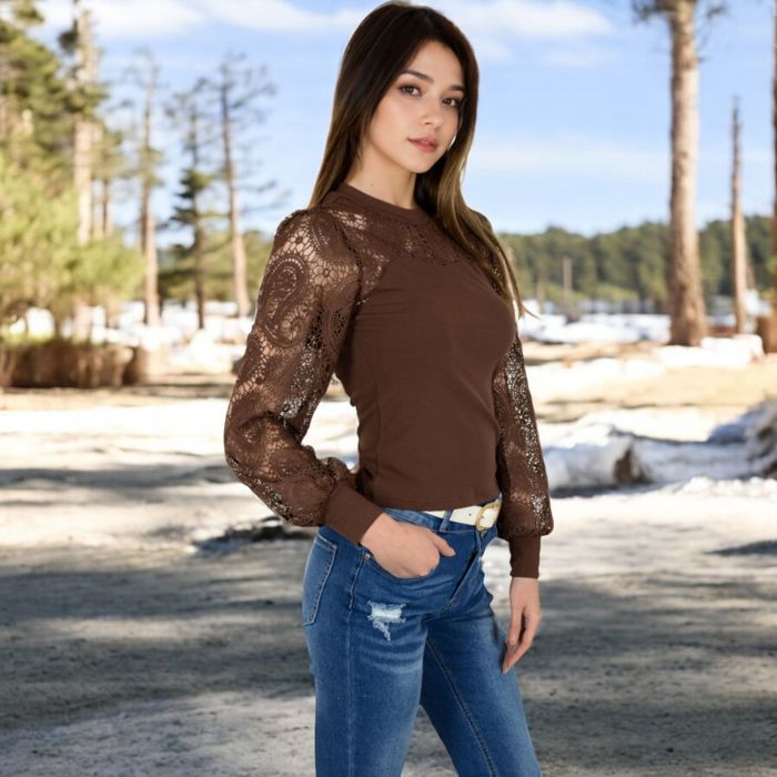 Women's Long Sleeve Lace Detail Top with Stretch Knit Bodice