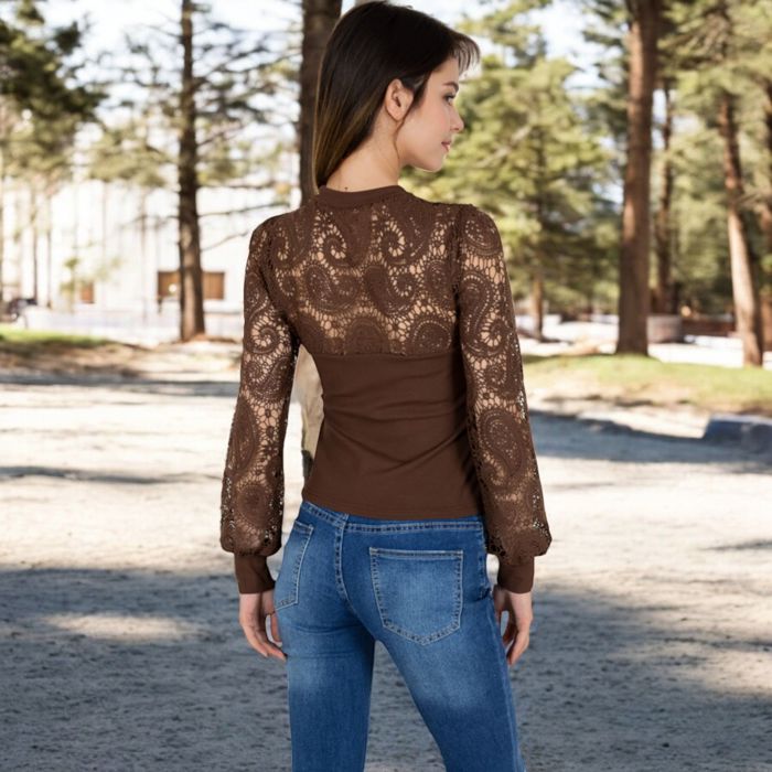 Women's Long Sleeve Lace Detail Top with Stretch Knit Bodice