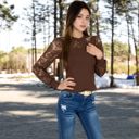 Brown Large Women's Long Sleeve Lace Detail Top with Stretch Knit Bodice