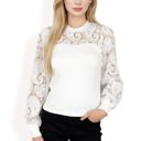 White Large Women's Long Sleeve Lace Detail Top with Stretch Knit Bodice