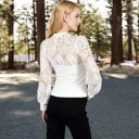 White Large Women's Long Sleeve Lace Detail Top with Stretch Knit Bodice