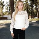 White Large Women's Long Sleeve Lace Detail Top with Stretch Knit Bodice