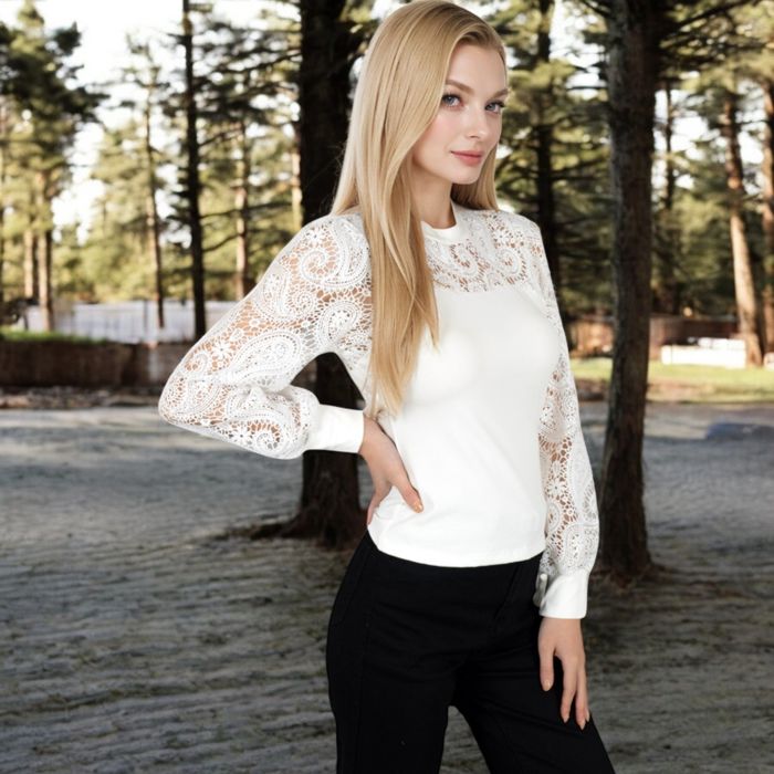 Women's Long Sleeve Lace Detail Top with Stretch Knit Bodice