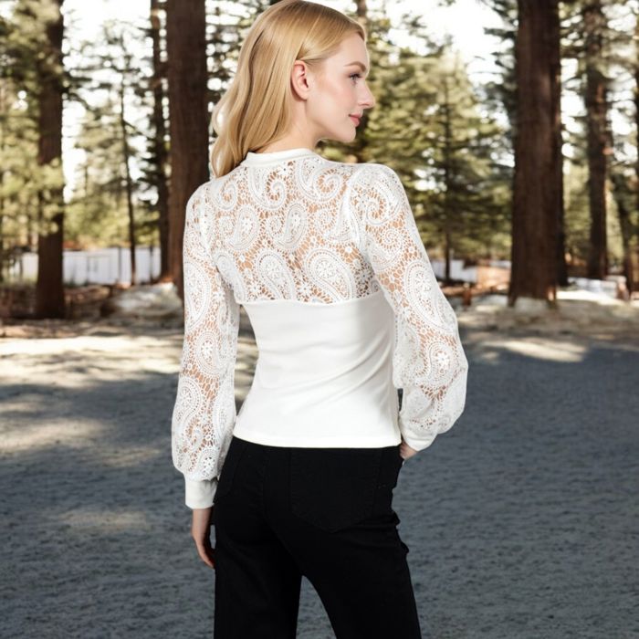 Women's Long Sleeve Lace Detail Top with Stretch Knit Bodice