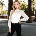 White Small Women's Long Sleeve Lace Detail Top with Stretch Knit Bodice