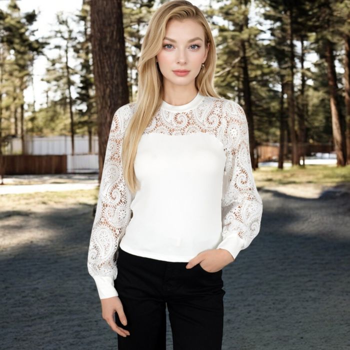 Women's Long Sleeve Lace Detail Top with Stretch Knit Bodice