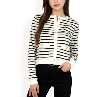 Women's Striped Button-Up Cardigan with Pocket Detail