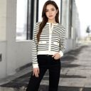 Beige Large Women's Striped Button-Up Cardigan with Pocket Detail